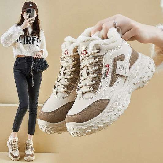 2025Winter High-Top Fleece-Lined Dad Shoes New Korean StyleinsWomen's Student Height Increasing Sports Warm Casual Shoes