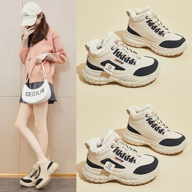 2025Winter High-Top Fleece-Lined Dad Shoes New Korean StyleinsWomen's Student Height Increasing Sports Warm Casual Shoes